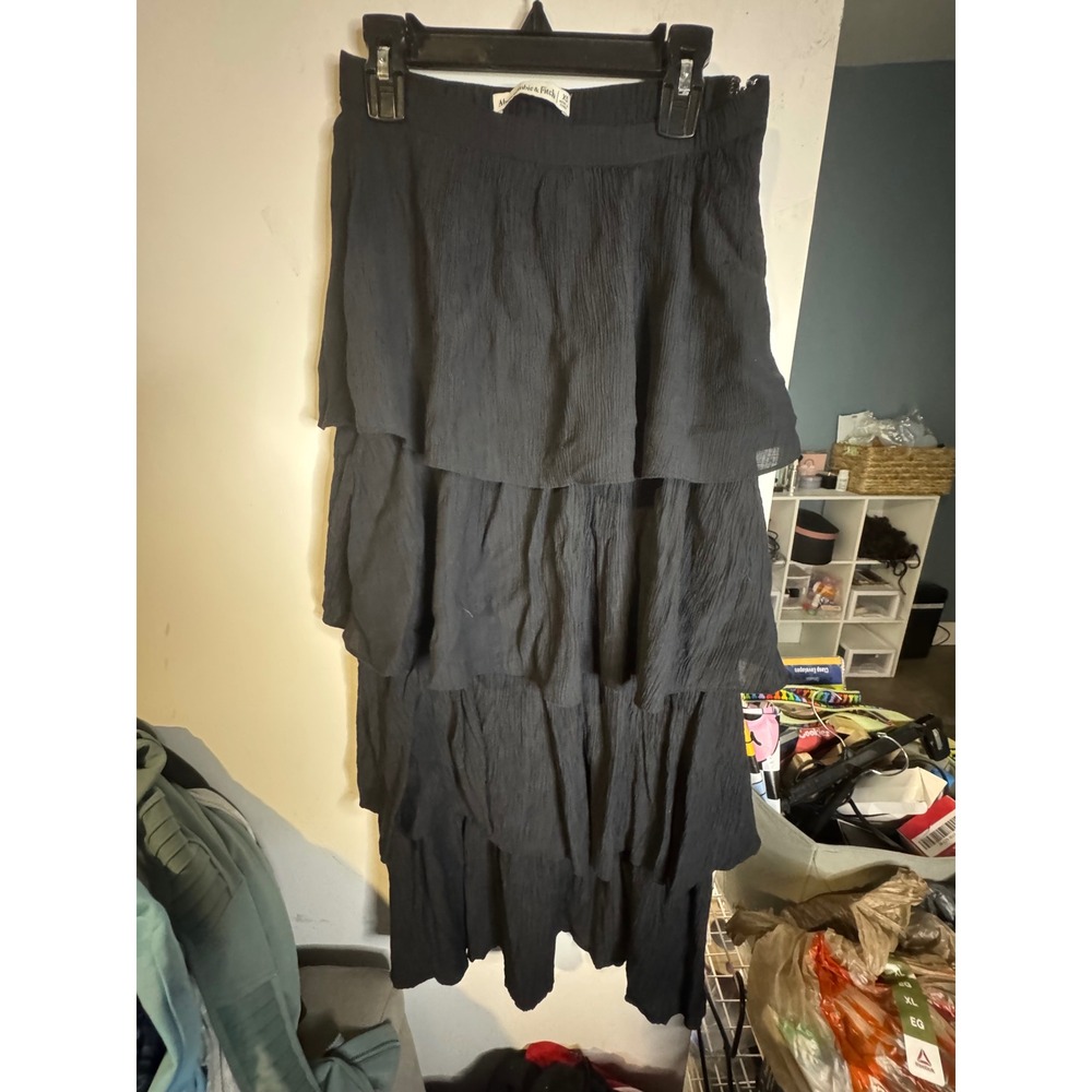 Abercrombie & Fitch Black Tiered Crinkle Gauze Maxi Skirt XS Boho Ruffle